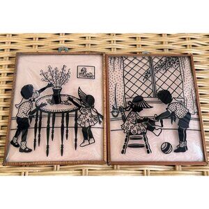 Vintage 40's Pair Silhouette Convex Glass Pictures  Reverse Painted 5x4"